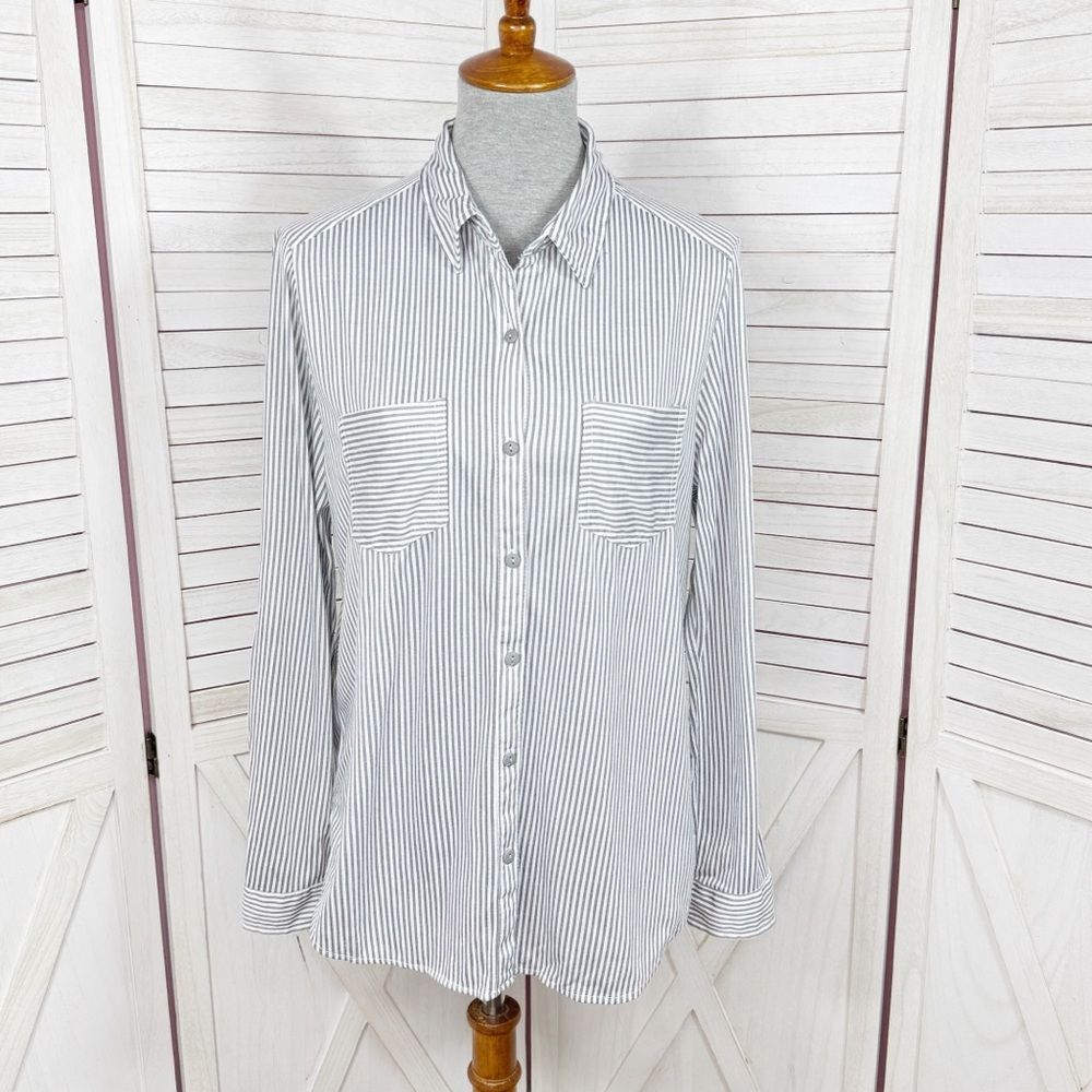 Eden & Olivia Striped Knit Button Up Long Sleeve Shirt Grey‎ White Large